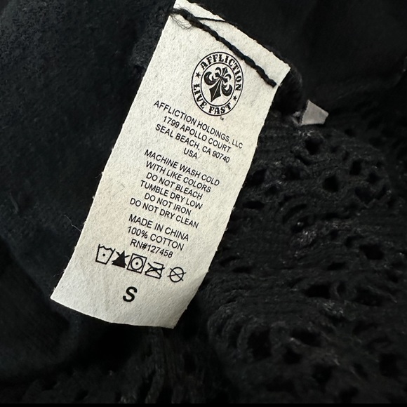 NWOT Affliction Black Mineral Washed Jeweled Graphic Crochet Cotton Top Size S - Picture 8 of 9